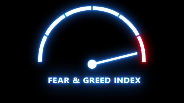 Fear and greed index gauge moving toward extreme greed, financial market sentiment indicator, stock market volatility and investor psychology concept, neon glowing digital dashboard