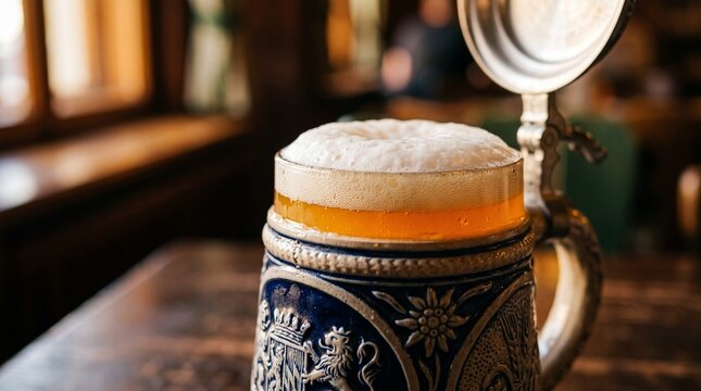 Traditional Bavarian beer stein filled with cold lager beer for Oktoberfest festival celebration