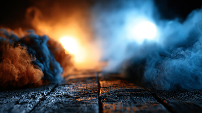 Abstract background featuring thick swirling blue and orange smoke over dark wood floor