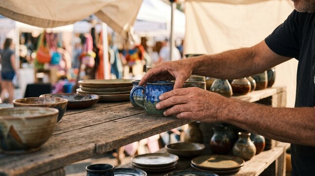 Artisan hands arranging handmade pottery ceramic mugs at outdoor market stand for World Labor Day