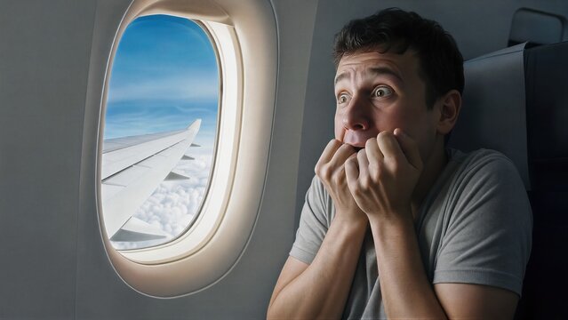 Man terrified during flight in airplane. Passenger suffering from aerophobia looking at wing through window. Anxiety, panic attack and fear of flying. Stressful travel and phobia concept.