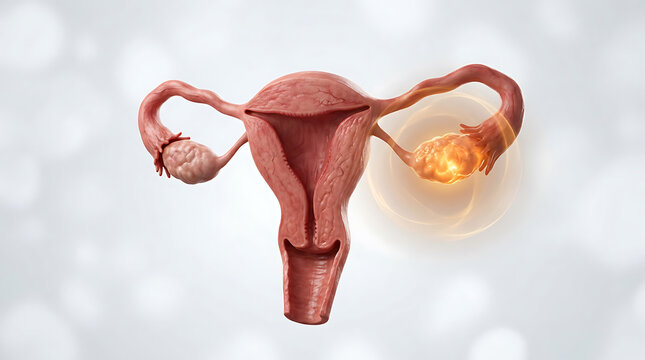 3D medical illustration showing ovarian cancer in the female uterus
