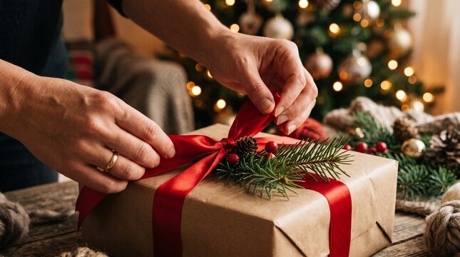 Hands tying red ribbon bow on gift box for Christmas holiday and Christmas Day celebration