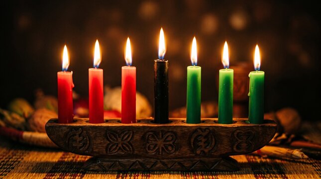 Seven red, black, and green candles burning in wooden kinara for Kwanzaa holiday celebration