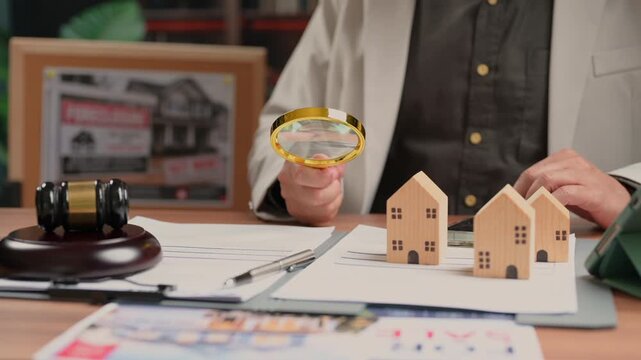 Agent inspects wood houses contracts gavel real estate papers magnifying glass checking property mortgage loan purchase agreement investment decision legal paperwork office desk workspace commercial.