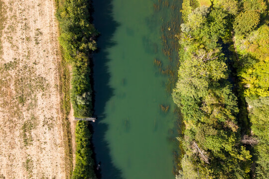 Vue a&eacute;rienne verticale de la Marne durant l'&eacute;t&eacute;, entre for&ecirc;t et champ, France