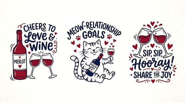 Set of hand drawn wine and love themed illustrations