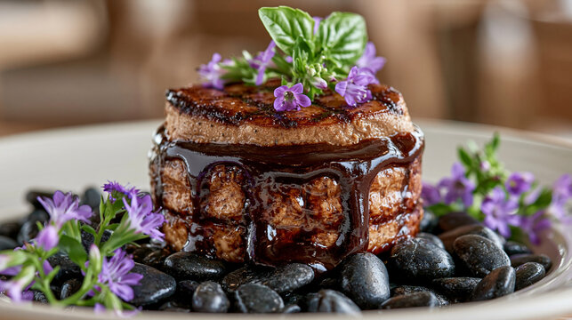 Gourmet beef tenderloin fillet mignon steak with dark balsamic glaze and herbs