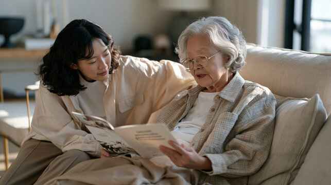 Elderly woman reclines in a luxury sitting room while a teenage babysitter reads a personalized medicine genomic treatment brochure aloud the older subject listening thoughtfully