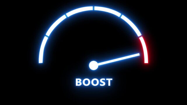 Neon boost speedometer gauge animation: performance acceleration and success concept