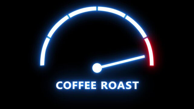 Coffee roast level gauge indicator, neon style speedometer animation for coffee roasting process and control