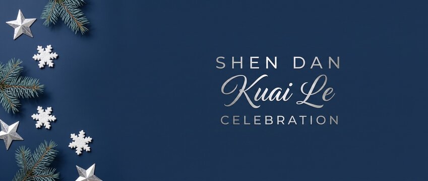 Chinese Merry Christmas Blue Background Flat Lay with Silver Stars and Snowflakes, Elegant Shen Dan Kuai Le Celebration Typography Banner Template for Asian Holiday Season Marketing and Festive Greeti
