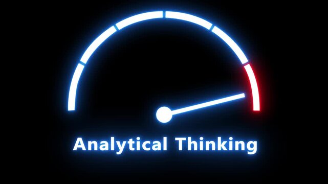 Analytical thinking gauge animation: neon speedometer measuring cognitive performance and data analysis progress