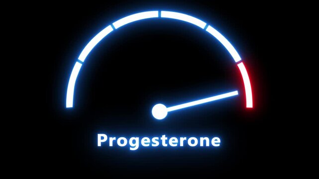 Progesterone hormone level gauge indicator with neon glowing animation on black background, levels medical