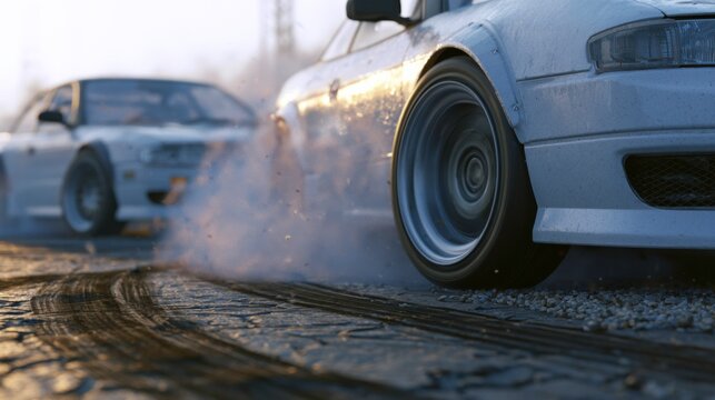 Exciting car drifting moment with tires screeching and smoke rising on a thrilling asphalt racing track
