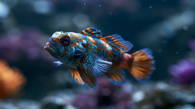 Colorful mandarin fish floating in dark reef aquarium with mandarin, underwater