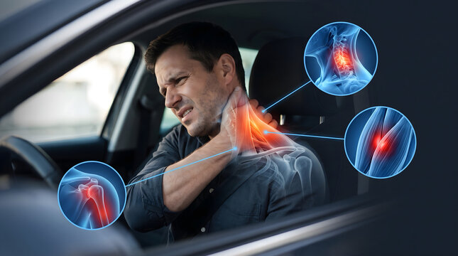 Man suffering from neck and shoulder pain in car