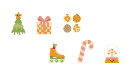 Fototapeta premium Festive holiday set with Christmas tree gingerbread house and presents