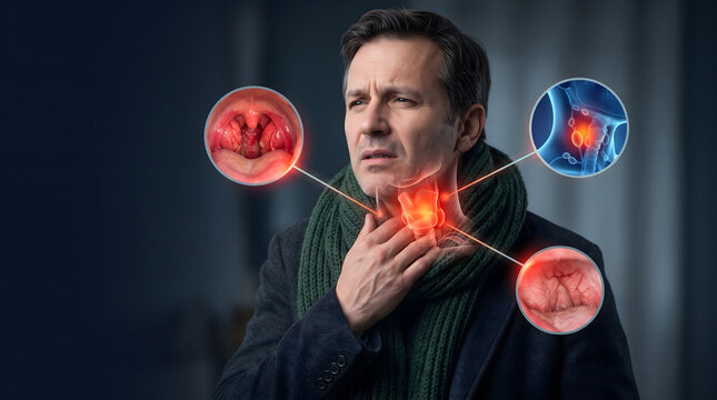 Man suffering from sore throat with medical visualization diagrams
