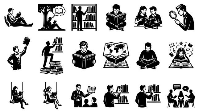 Education  Knowledge Black  White Glyph Set: People Reading Books, Studying, and Library Scenes