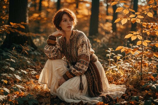 Young woman in boho dress crouches in autumn forest. Redhead girl with freckles wears embroidered tunic, long skirt. Golden leaves, sunlit woods create peaceful scene.