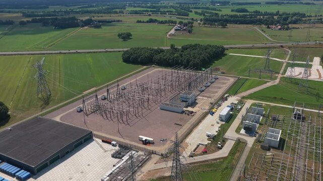 Aerial view of power plant electrical substation infrastructure