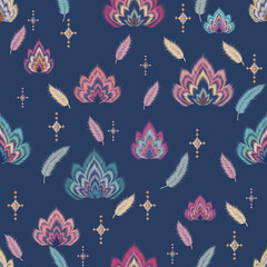 Ikat-Inspired Botanical Seamless Pattern – Painterly Floral and Feather Motifs Collection No.006  © Lhing