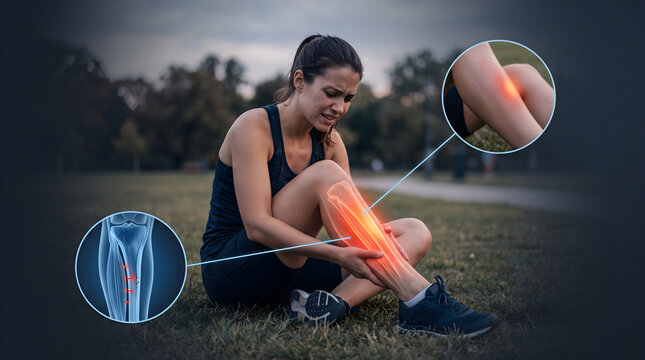 Woman suffering from shin splint pain while exercising outdoors