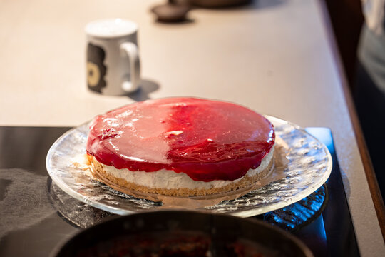 Hirtshals, Denmark A homemade cheesecake on a kitchen counter.