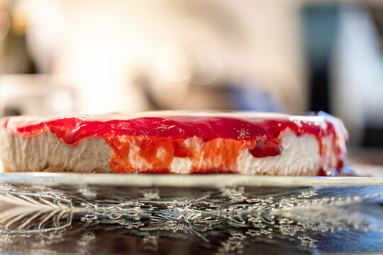 Hirtshals, Denmark A homemade cheesecake on a kitchen counter.