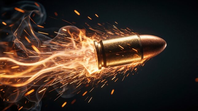 Copper bullet streaks through dark space leaving fiery trails and sparks. Intense motion blur creates drama, energy, speed. Projectile ignites atmosphere, hinting at impact or warfare.