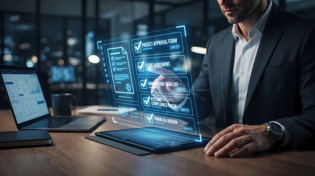 A professional businessman interacts with a digital holographic document interface during nighttime working hours to complete corporate administrative tasks and finalize important company