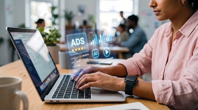 Business professional working on a laptop computer displaying digital marketing performance metrics and advertising analytics dashboards to improve campaign efficiency in a collaborative office