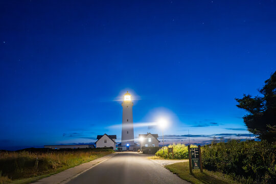 Hirtshals, Denmark A view of the Hirtshals Lighthouse at night.