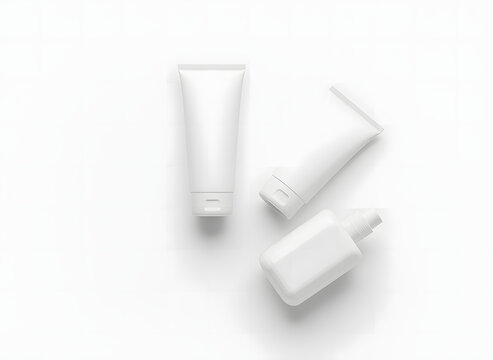 Three blank white cosmetic product containers, including tubes and a pump bottle, arranged on a clean, bright background.
