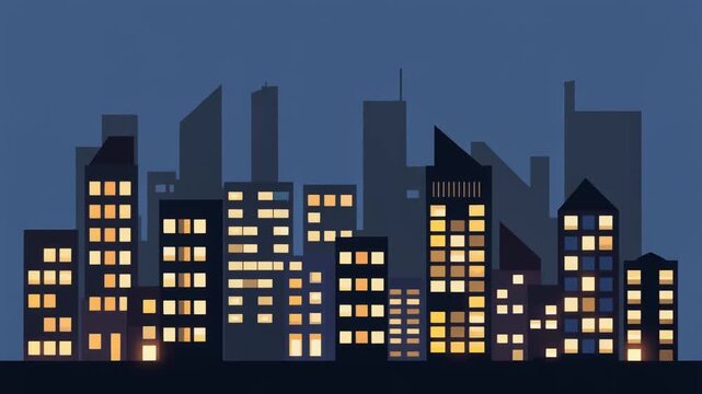 A stylized illustration depicts a modern city skyline at night with glowing office windows.
