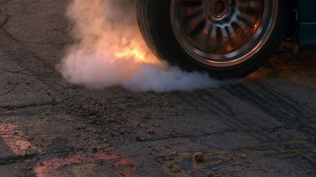 High performance car tire smoking on pavement while executing an impressive drift maneuver
