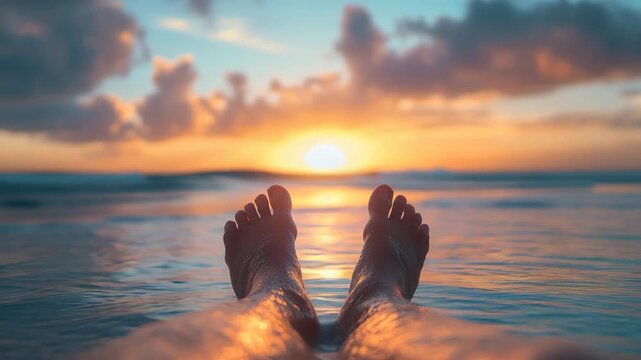 Feet dangling in the water during a beautiful sunset. The perfect tranquil scene for unwinding after a long day.