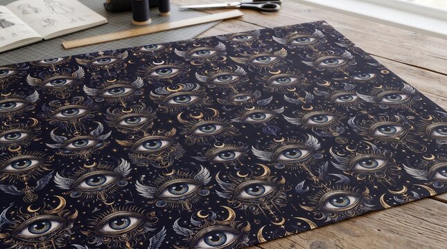 Dark fabric with repeating mystical eye pattern on a sewing table for Halloween crafts, textile projects and gothic design.