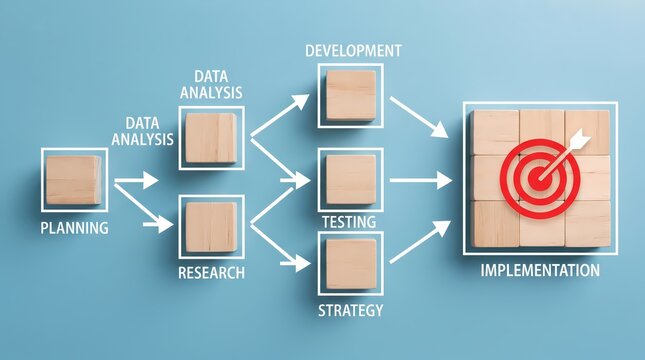 Business development workflow diagram showing organizational planning data analysis and research stages leading to successful implementation with a target symbol representing goal achievement