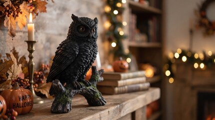 Obraz premium Black raven perched among Halloween decorations for spooky storytelling, gothic home decor and seasonal event promotions.