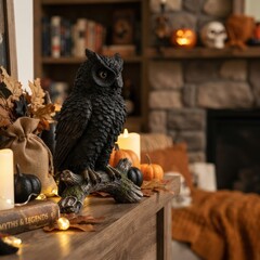 Obraz premium Black raven perched among Halloween decorations for spooky storytelling, gothic home decor and seasonal event promotions.