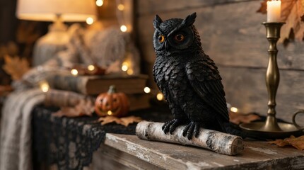 Obraz premium Black raven perched among Halloween decorations for spooky storytelling, gothic home decor and seasonal event promotions.