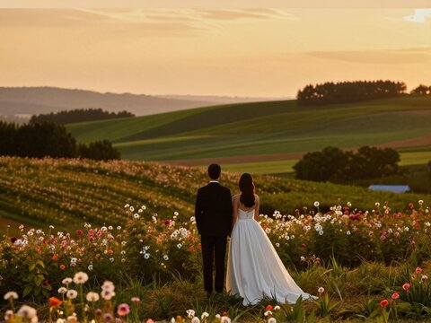 Couple Back View Overlooking Flower Hills Sunset Furano