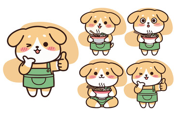 Naklejka premium Cute Cartoon Dog Character Cooking and Eating Ramen Noodles Vector Set