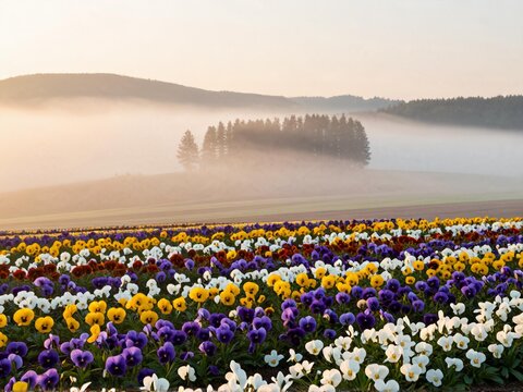 Misty Low Cloud Cover Flower Hills Furano Sunrise