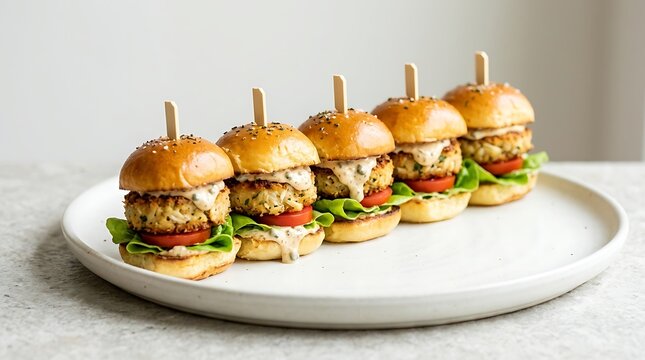 Five delicious mini burger sliders on a round white plate for a party snack or gourmet food catering. mini crab sliders