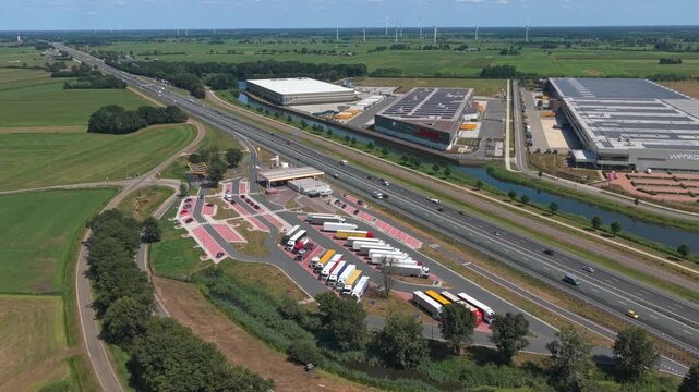 Aerial view of highway rest area and logistics center in zwolle