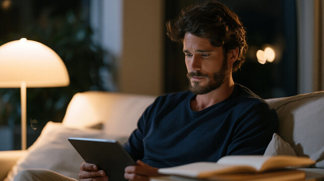Patient using a prescription digital therapeutics app on a tablet during a quiet evening at home, cognitive behavioral therapy module guiding an insomnia intervention, warm lamp