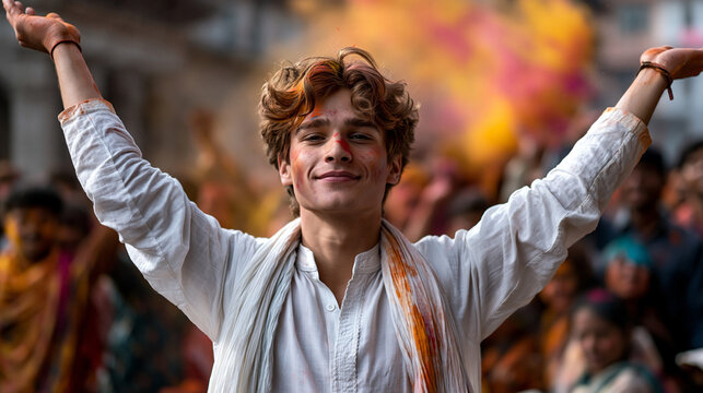 Young man in a white kurta holding both arms open wide as a friend throws a double handful of powdered pigment at him during a Holi celebration while a crowd of celebrating